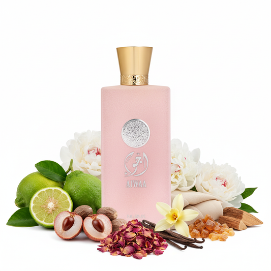 Perfume con notas de bergamota, nuez moscada, lichi, rosa turca, vainilla, peonía, almizcle, cachemira, incienso y cedro